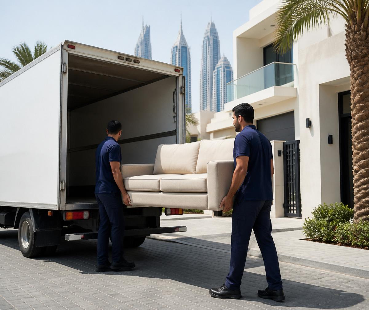 Movers loading a sofa into a truck near a Dubai villa
