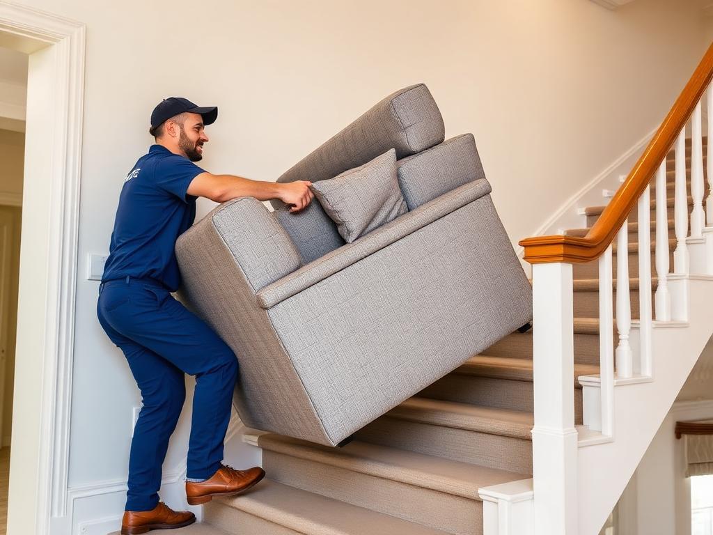 Mover carefully carrying a sofa down villa stairs